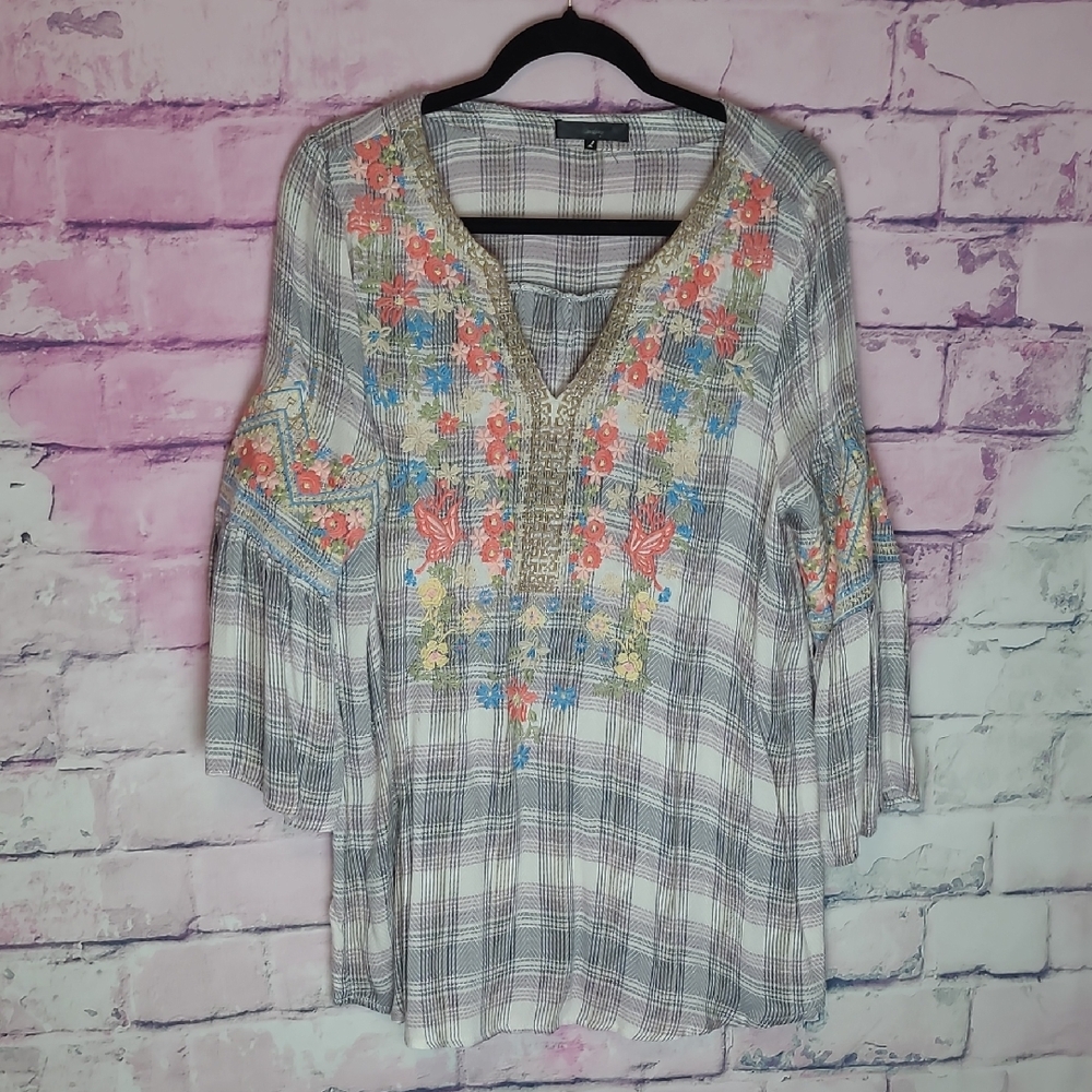 ANDREE BY UNIT PLAID BOHO FLORAL EMBROIDERED BELL SLEEVE TUNIC TOP LARGE